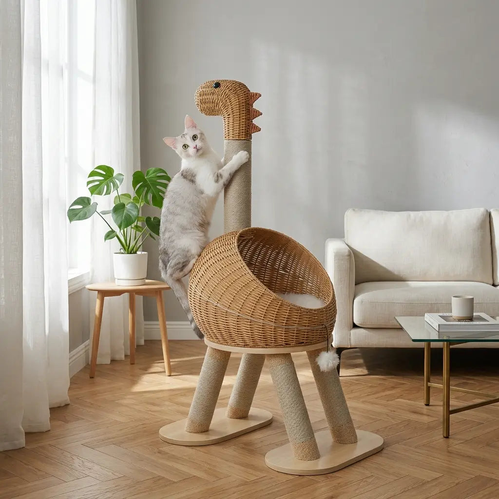 L'Odyssée – Arbre à Chat Design Sculptural en Rotin Naturel & Bois (116 cm)