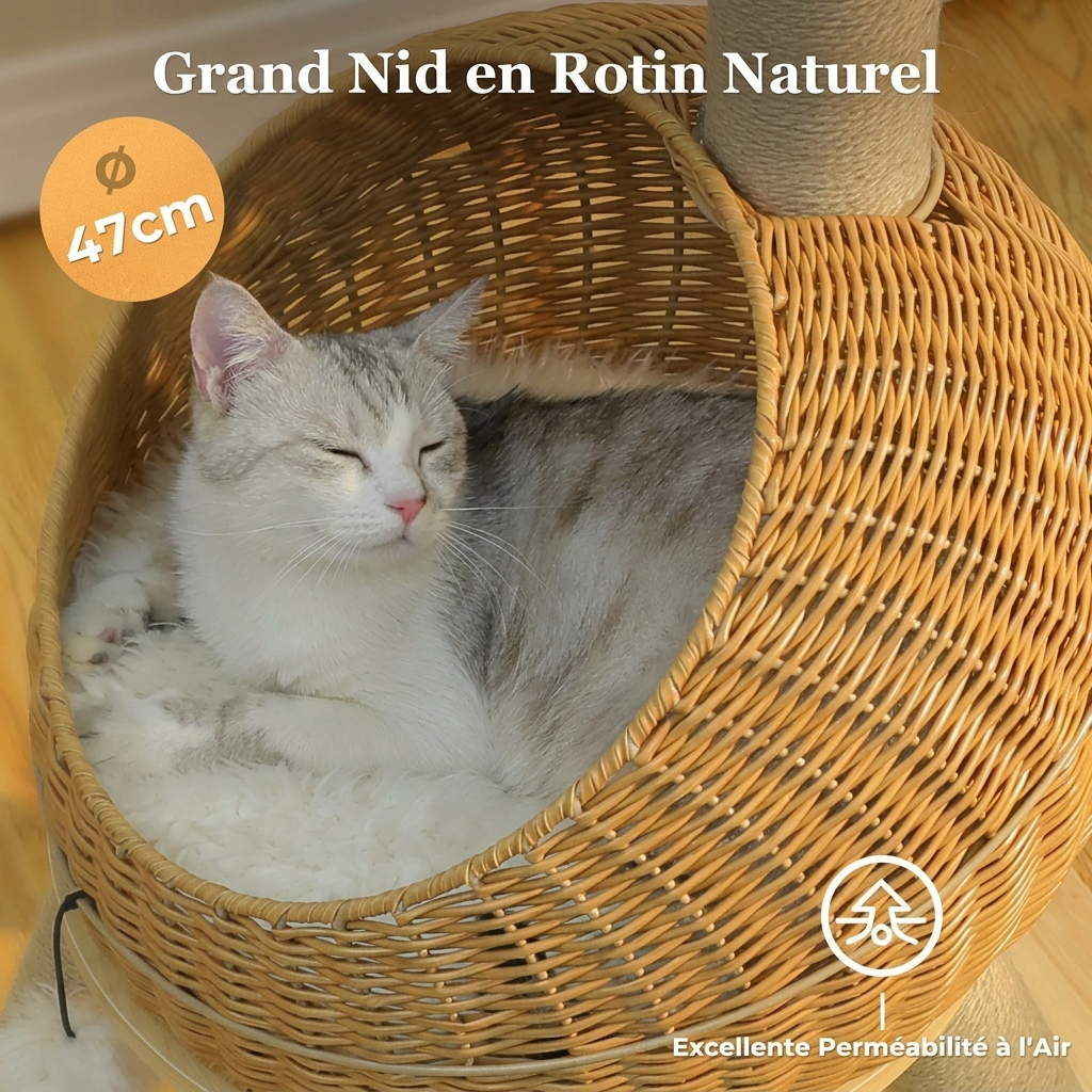 L'Odyssée – Arbre à Chat Design Sculptural en Rotin Naturel & Bois (116 cm)