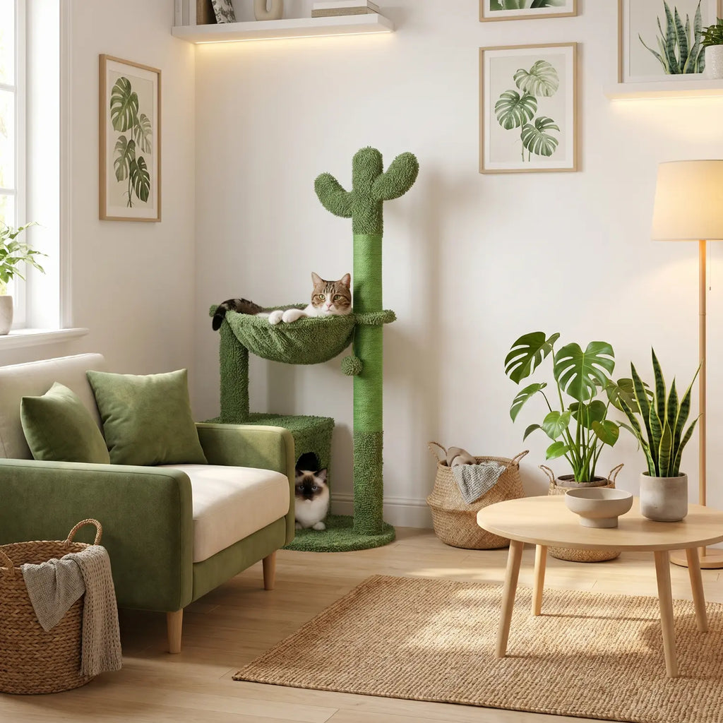 Le Bungalow de Loulou – Petit Arbre à Chat Tropical avec Hamac, Niche et Griffoirs Cactus