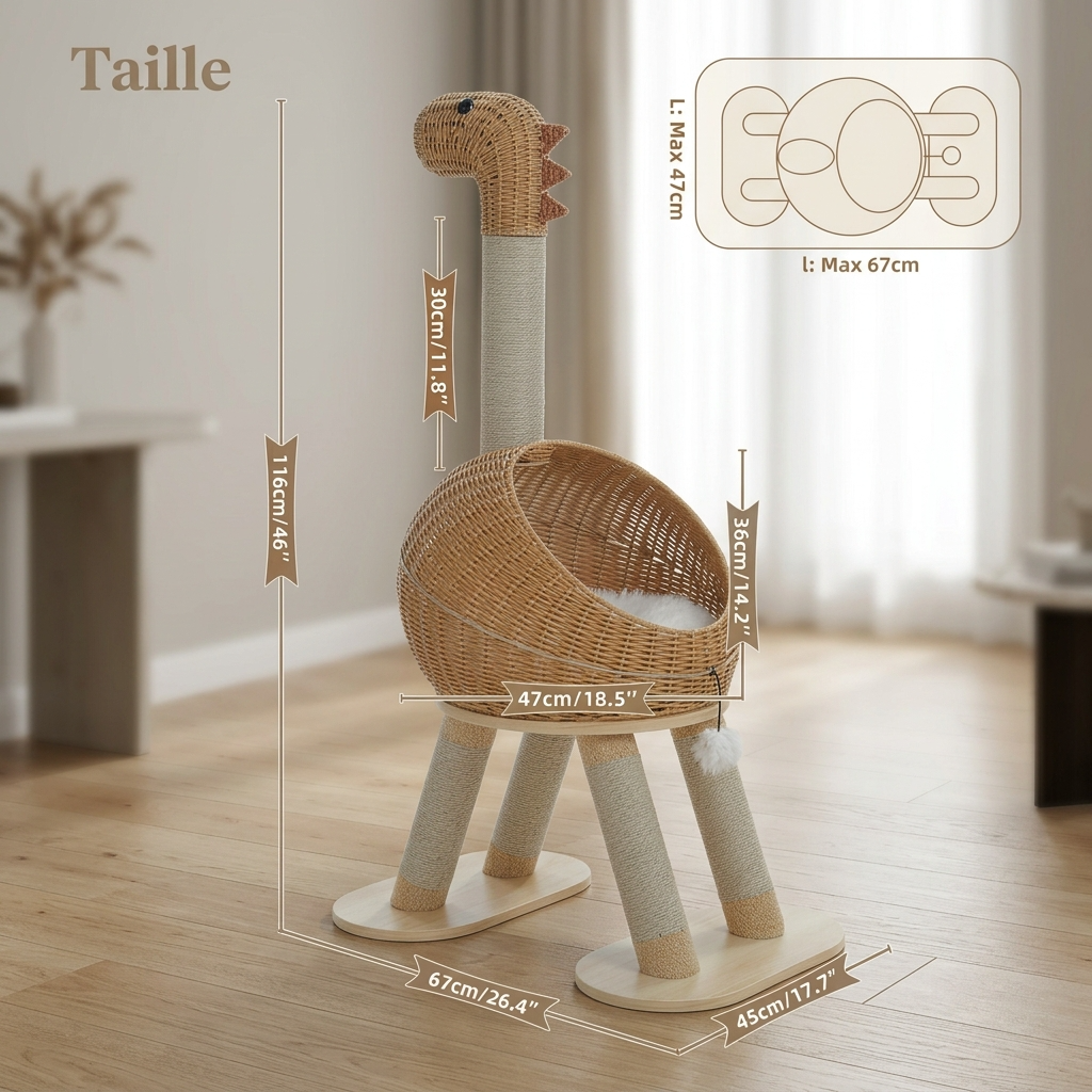 L'Odyssée – Arbre à Chat Design Sculptural en Rotin Naturel & Bois (116 cm)