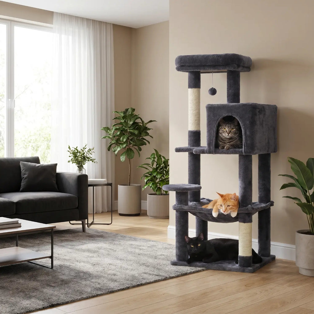 La Résidence de Gatsby – Arbre à Chat Maine Coon avec Niche, Hamac et Perchoir Panoramique (113 cm)
