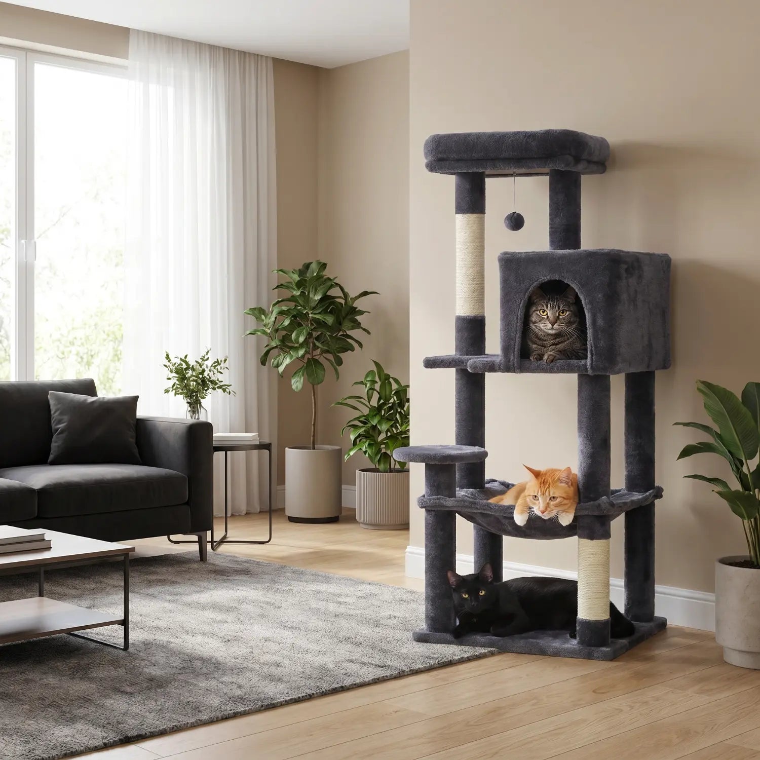 La Résidence de Gatsby – Arbre à Chat Maine Coon avec Niche, Hamac et Perchoir Panoramique (113 cm)