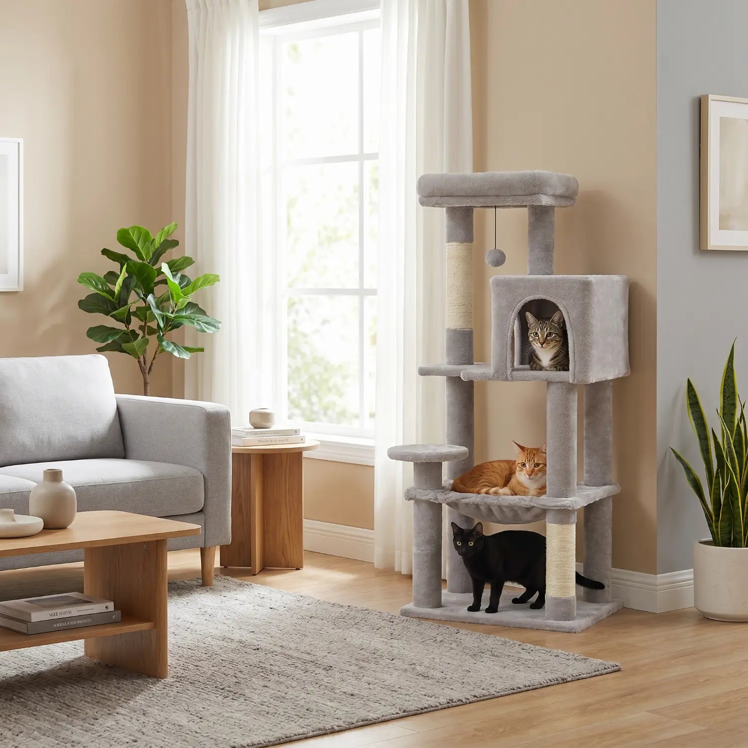 La Résidence de Gatsby – Arbre à Chat Maine Coon avec Niche, Hamac et Perchoir Panoramique (113 cm)