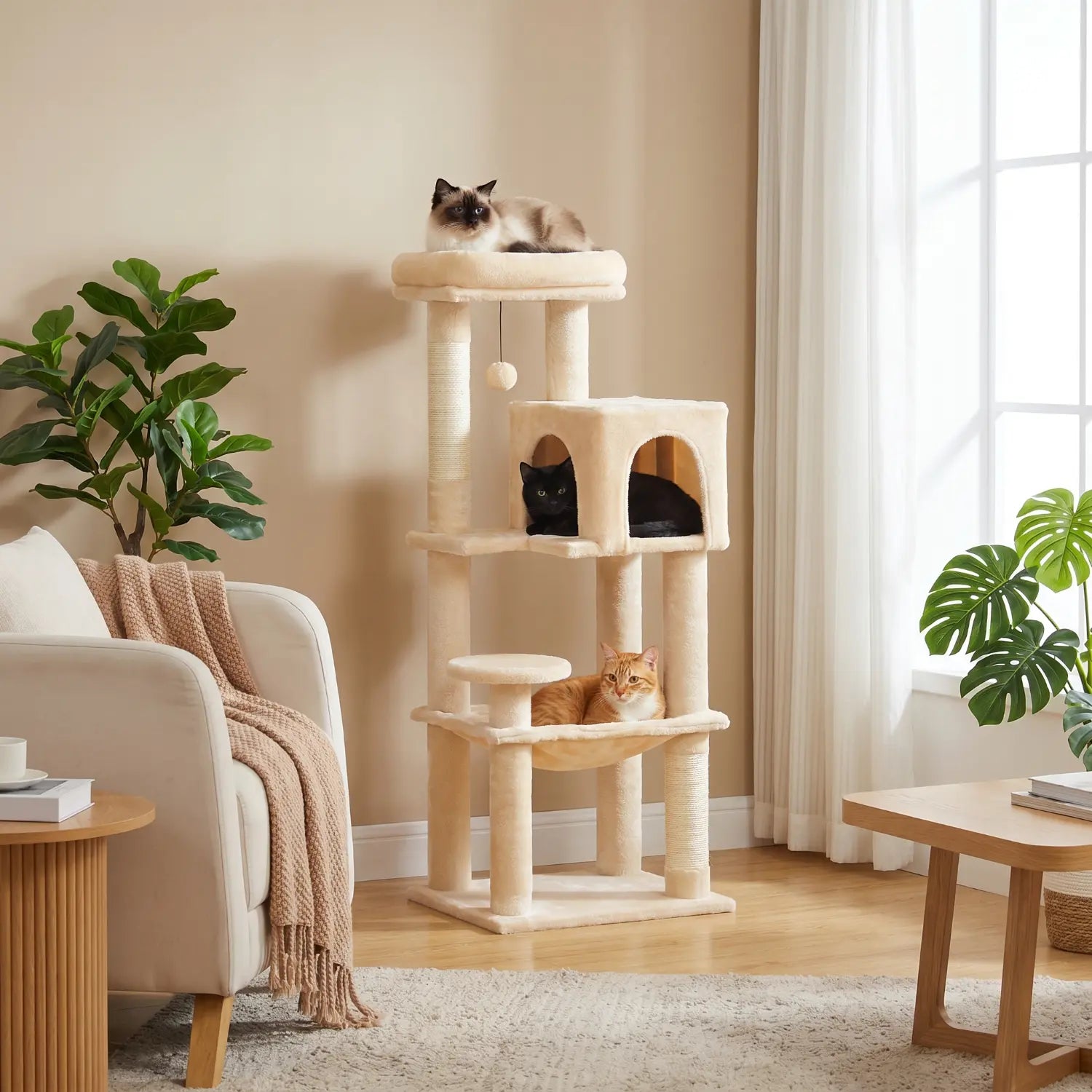 La Résidence de Gatsby – Arbre à Chat Maine Coon avec Niche, Hamac et Perchoir Panoramique (113 cm)