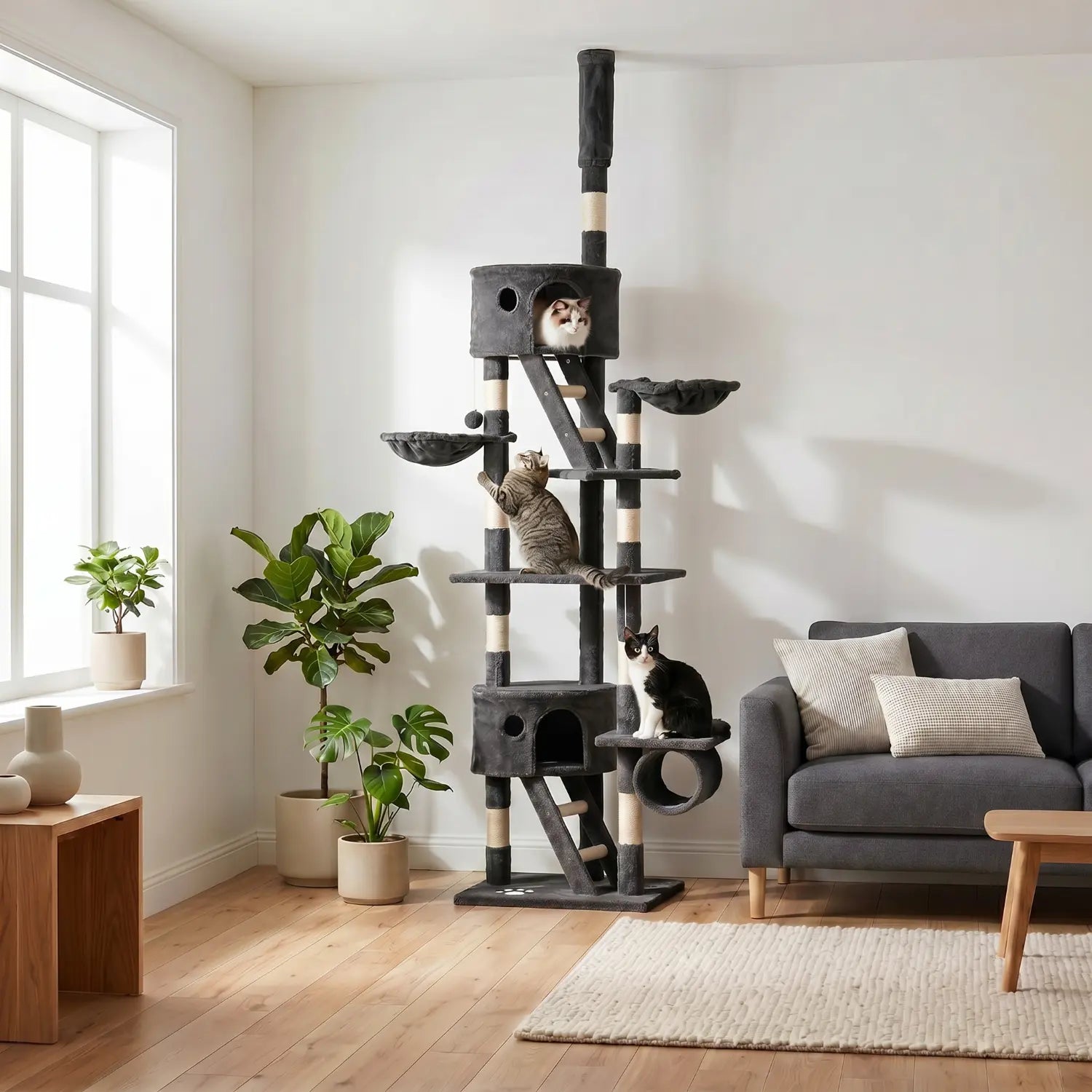 Le Palais Vertical – Arbre à chat sol-plafond XXL avec 2 niches et 2 paniers (240 à 260 cm)