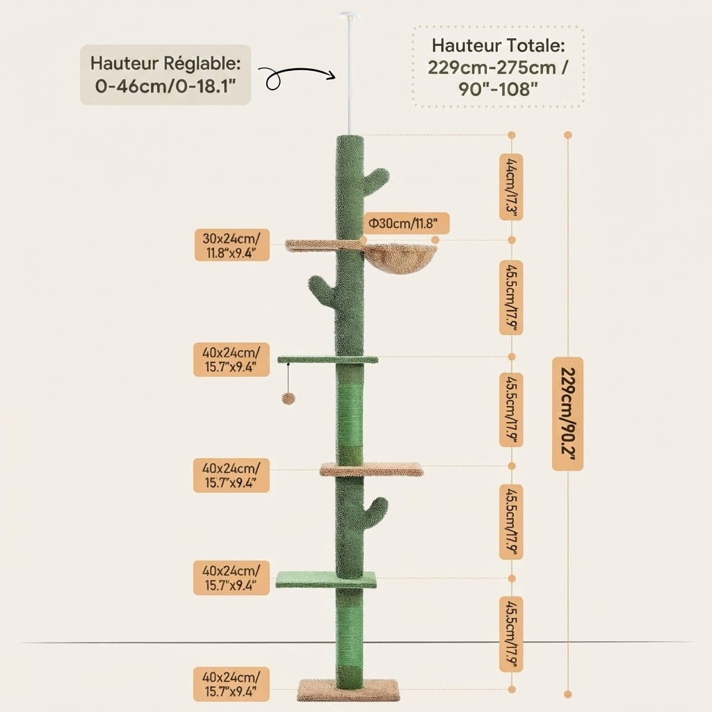 Le Jardin Suspendu – Arbre à chat sol-plafond cactus avec hamac et niche (210 à 275 cm)