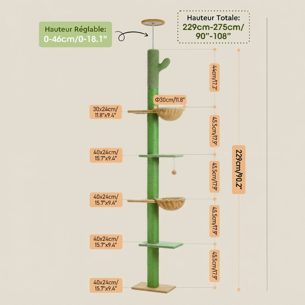 Le Jardin Suspendu – Arbre à chat sol-plafond cactus avec hamac et niche (210 à 275 cm)