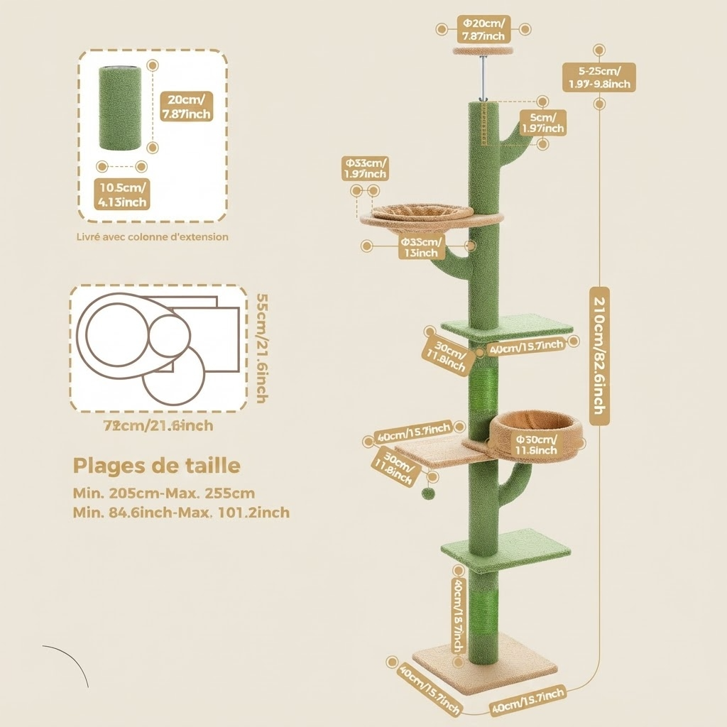 Le Jardin Suspendu – Arbre à chat sol-plafond cactus avec hamac et niche (210 à 275 cm)