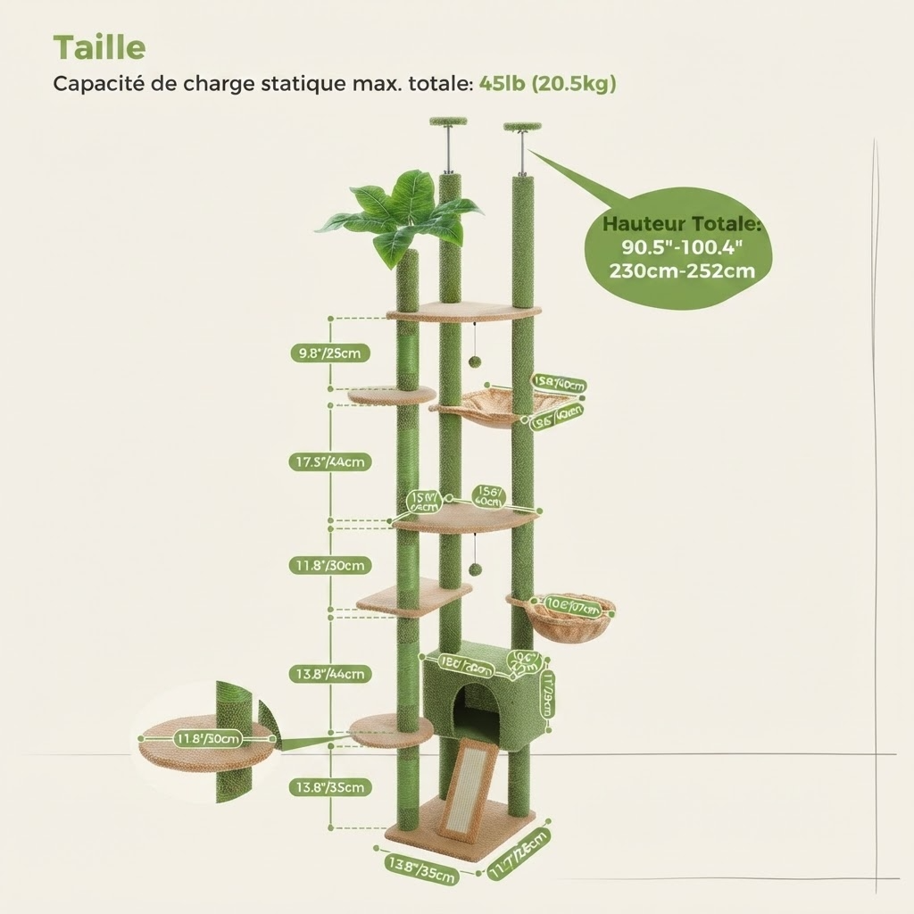 Le Jardin Suspendu – Arbre à chat sol-plafond cactus avec hamac et niche (210 à 275 cm)