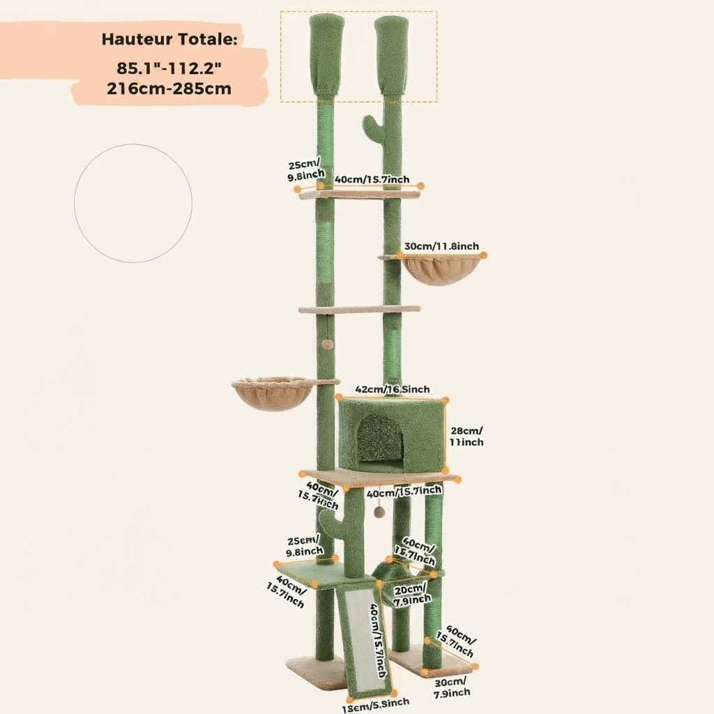 Le Jardin Suspendu – Arbre à chat sol-plafond cactus avec hamac et niche (210 à 275 cm)