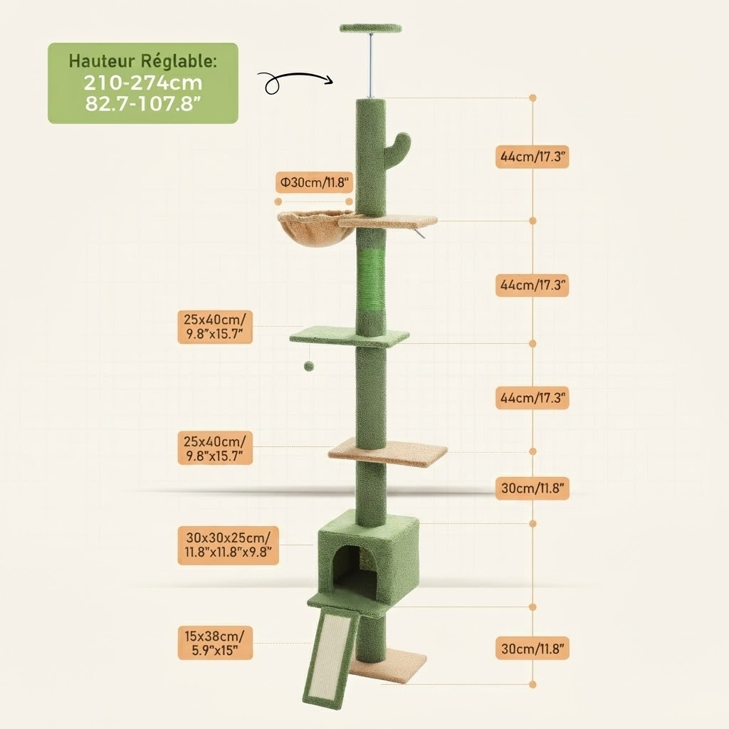 Le Jardin Suspendu – Arbre à chat sol-plafond cactus avec hamac et niche (210 à 275 cm)