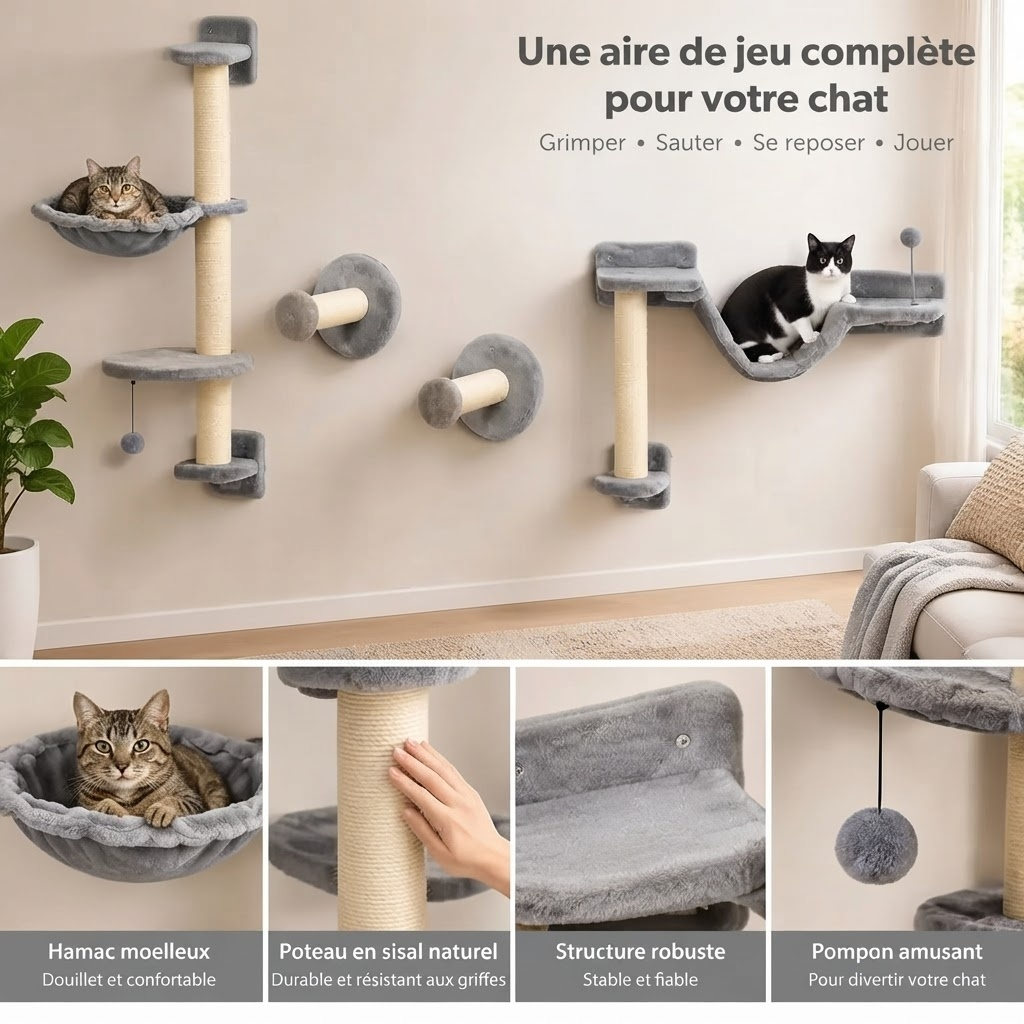 Arbre à Chat Mural 4 Pièces avec Hamac – Le Pompon