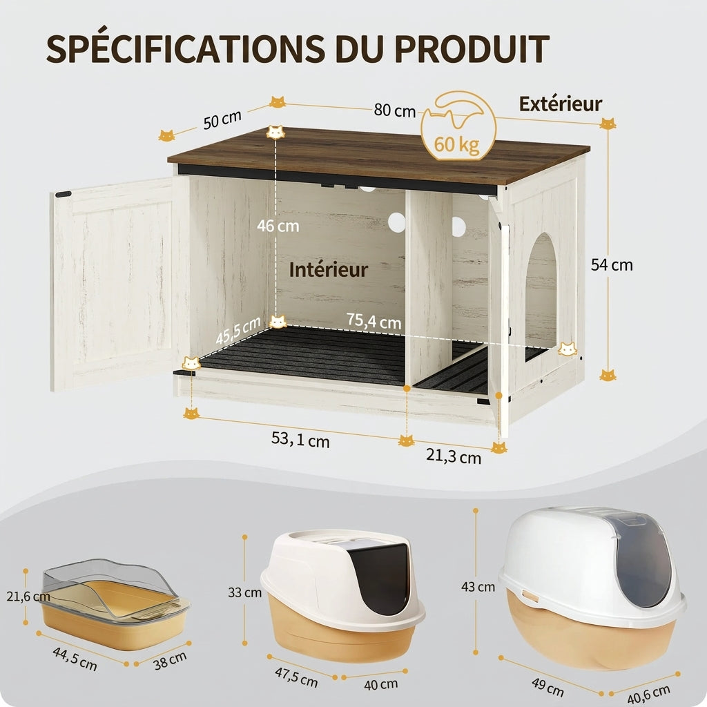 Meuble Cache-Litière 80 cm avec Cloison Amovible – La Grange