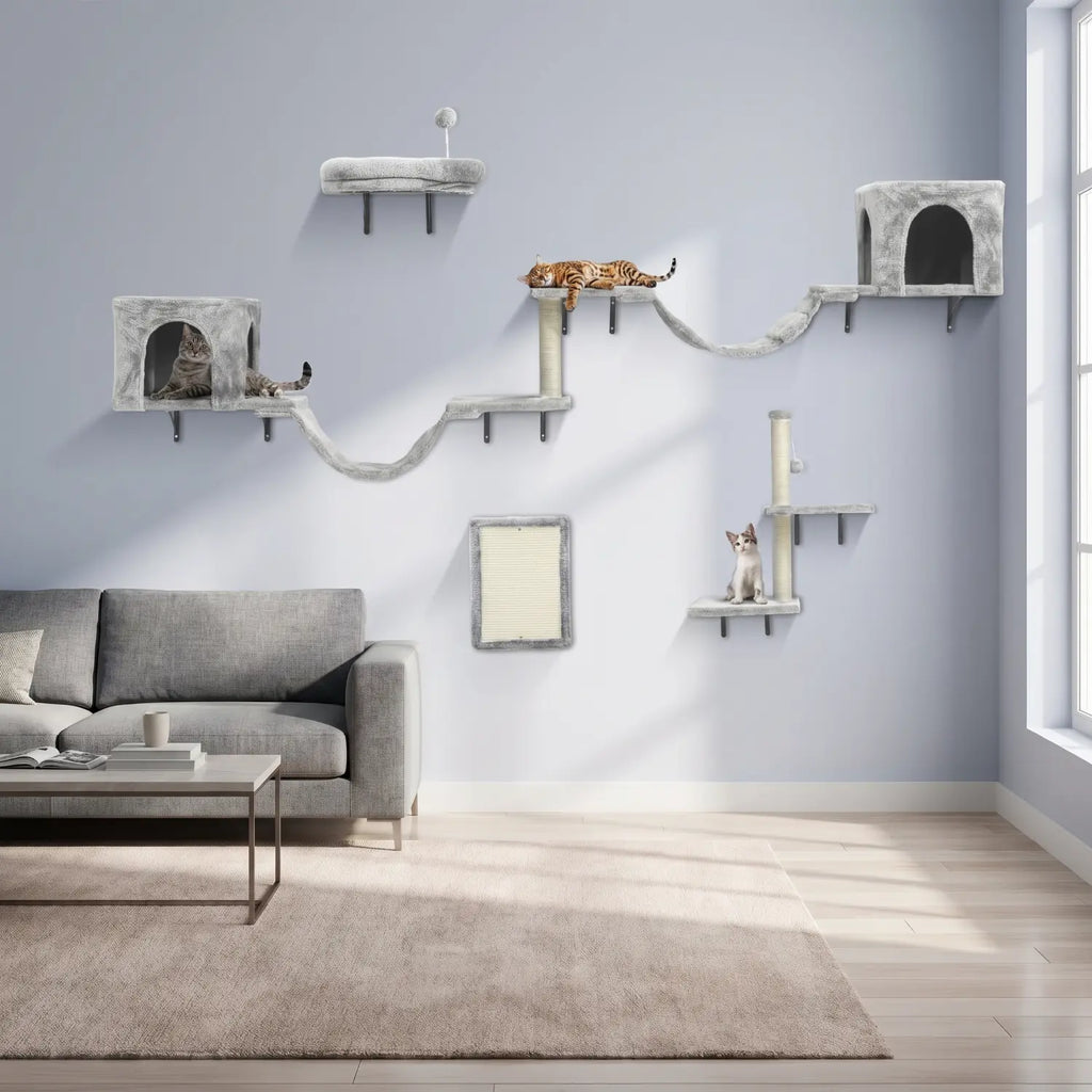 Le Village Suspendu – Arbre à Chat Mural 8 Modules avec Niche, Passerelle et Griffoirs