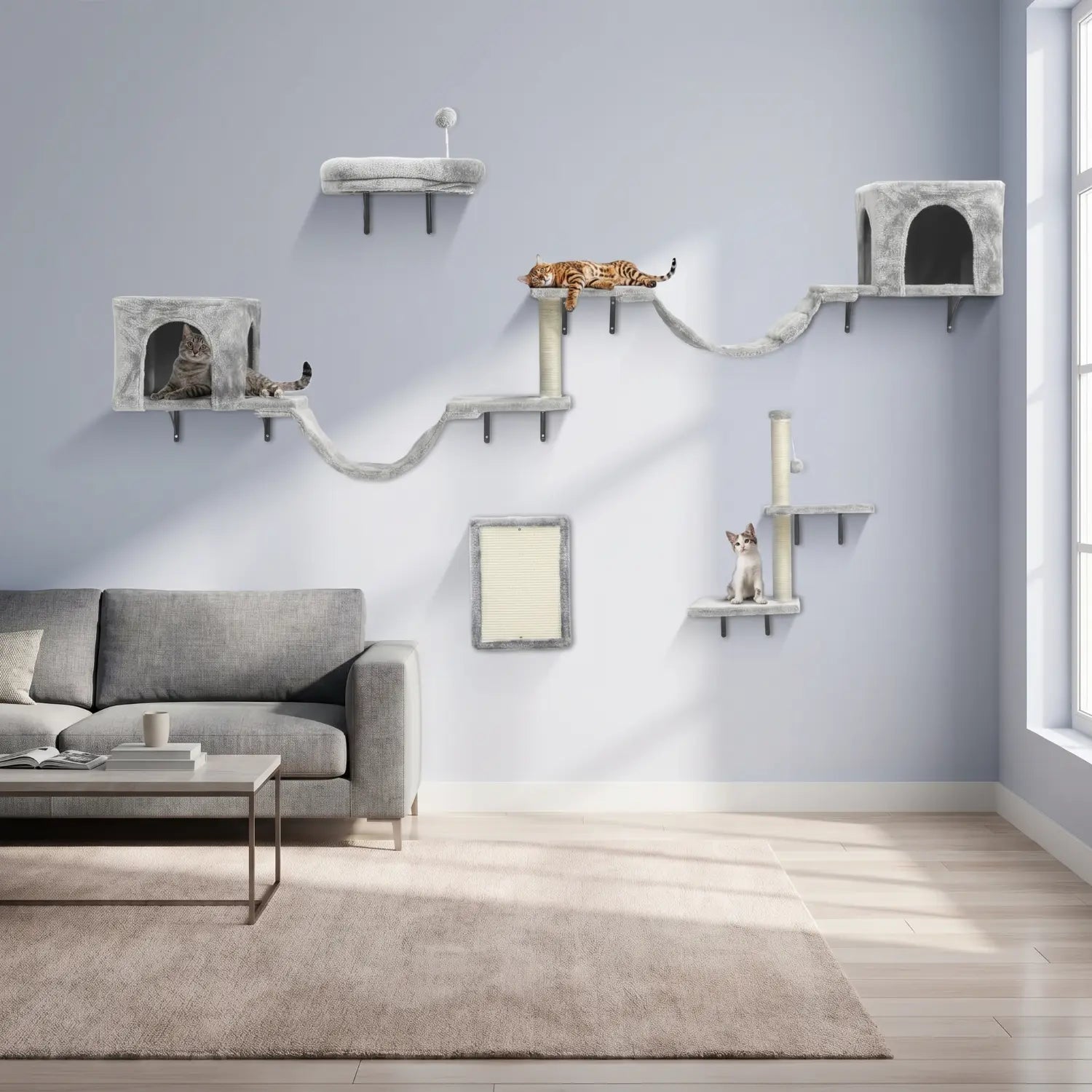 Le Village Suspendu – Arbre à Chat Mural 8 Modules avec Niche, Passerelle et Griffoirs