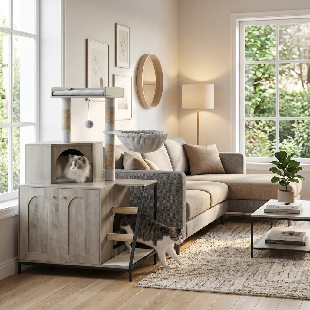 Le Refuge Signature – Meuble litière et arbre à chat design 2-en-1