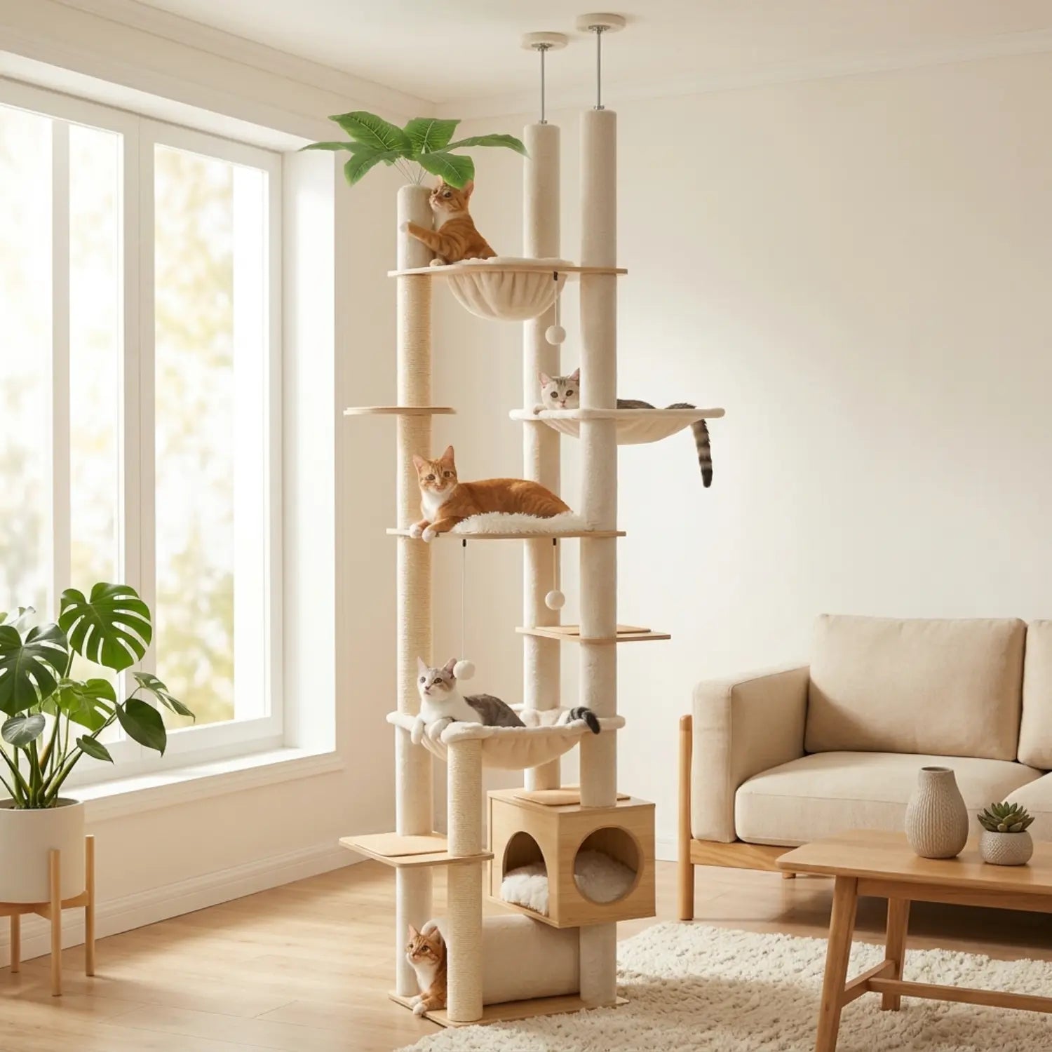 L'Horizon Félin – Arbre à chat sol-plafond XXL avec double hamac (237 à 256 cm)