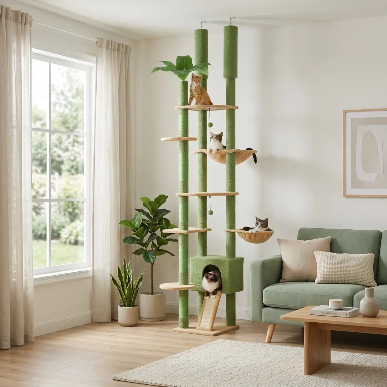 L'Horizon Félin – Arbre à chat sol-plafond XXL avec double hamac (237 à 256 cm)