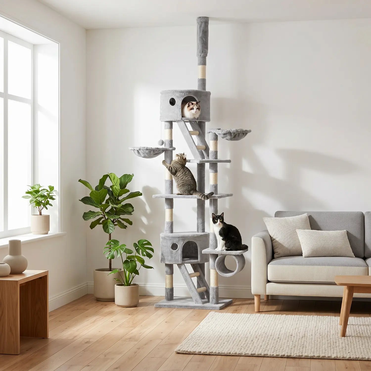 Le Palais Vertical – Arbre à chat sol-plafond XXL avec 2 niches et 2 paniers (240 à 260 cm)