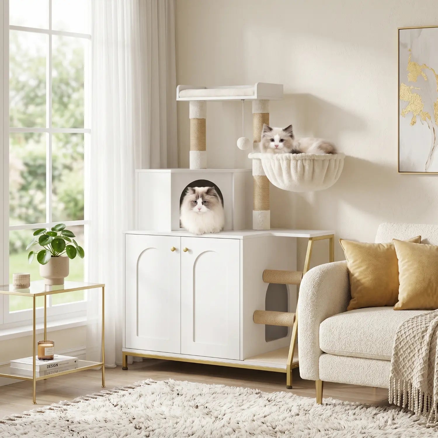 Le Refuge Signature – Meuble litière et arbre à chat design 2-en-1