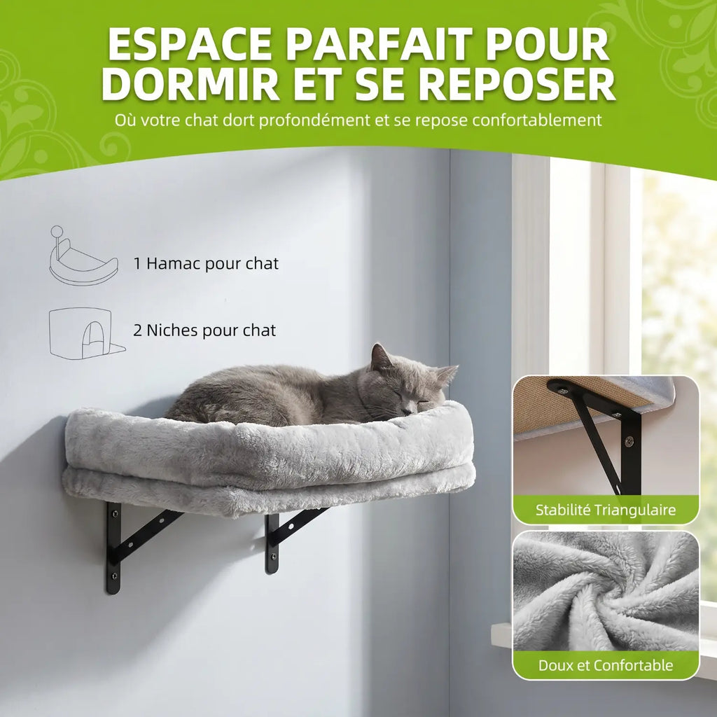 Le Village Suspendu – Arbre à Chat Mural 8 Modules avec Niche, Passerelle et Griffoirs
