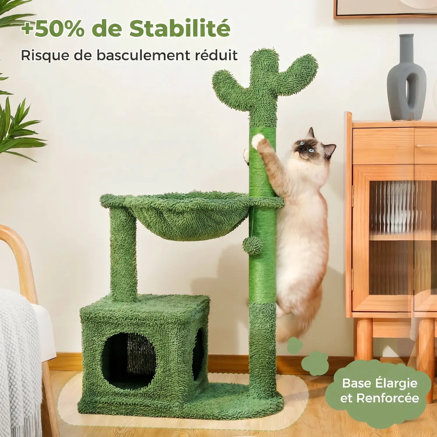 Le Bungalow de Loulou – Petit Arbre à Chat Tropical avec Hamac, Niche et Griffoirs Cactus