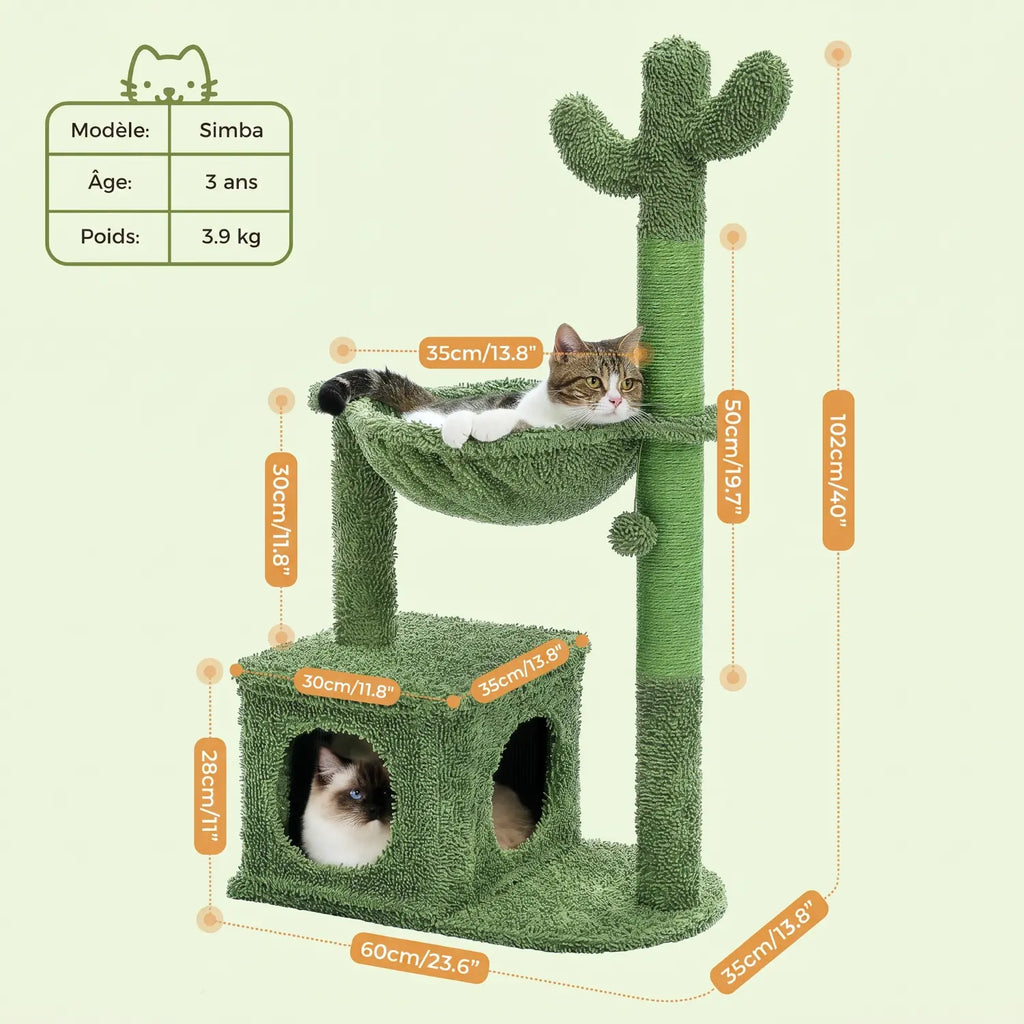 Le Bungalow de Loulou – Petit Arbre à Chat Tropical avec Hamac, Niche et Griffoirs Cactus