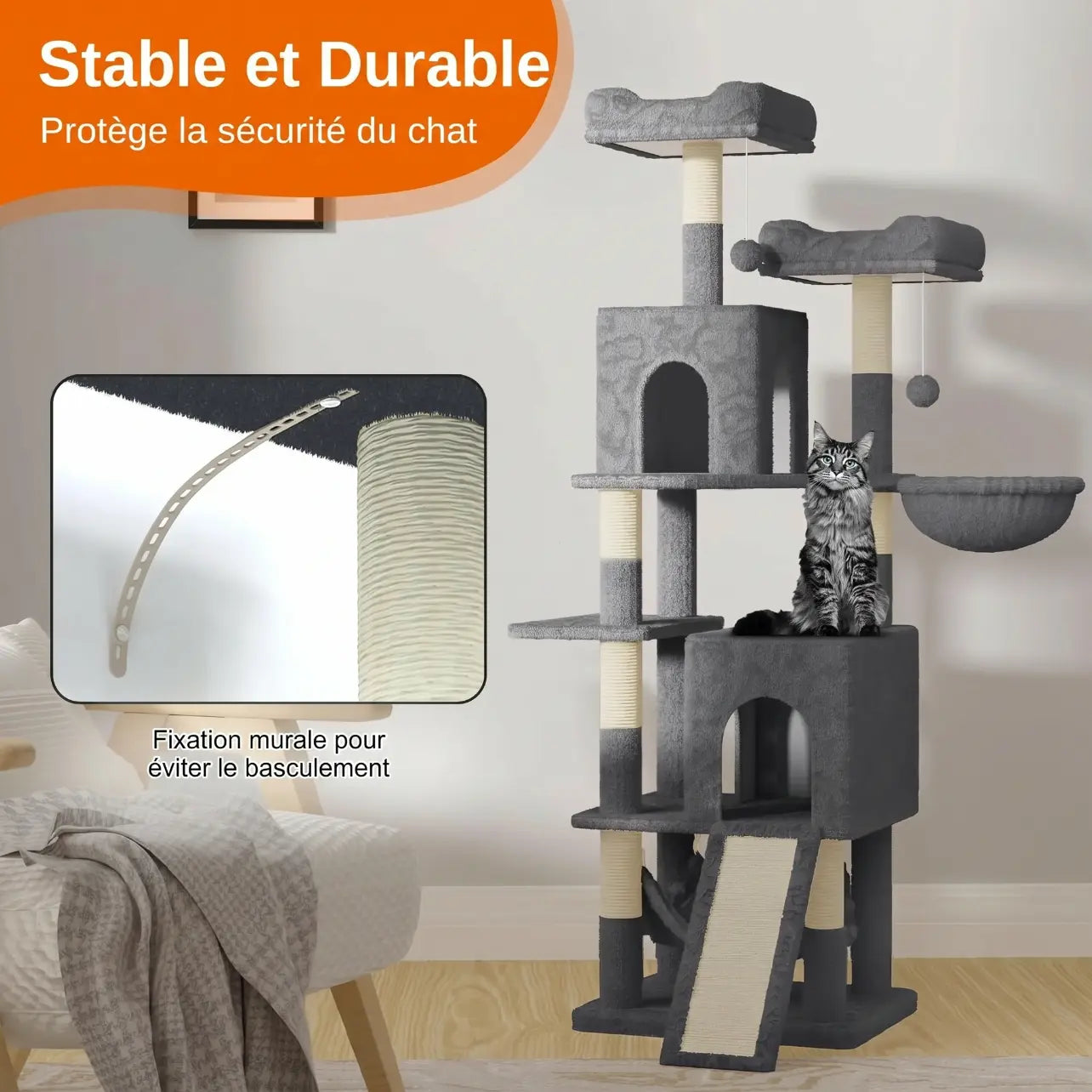 Kineo – Arbre à Chat Maine Coon Haute Stabilité & Confort XXL (158 cm)