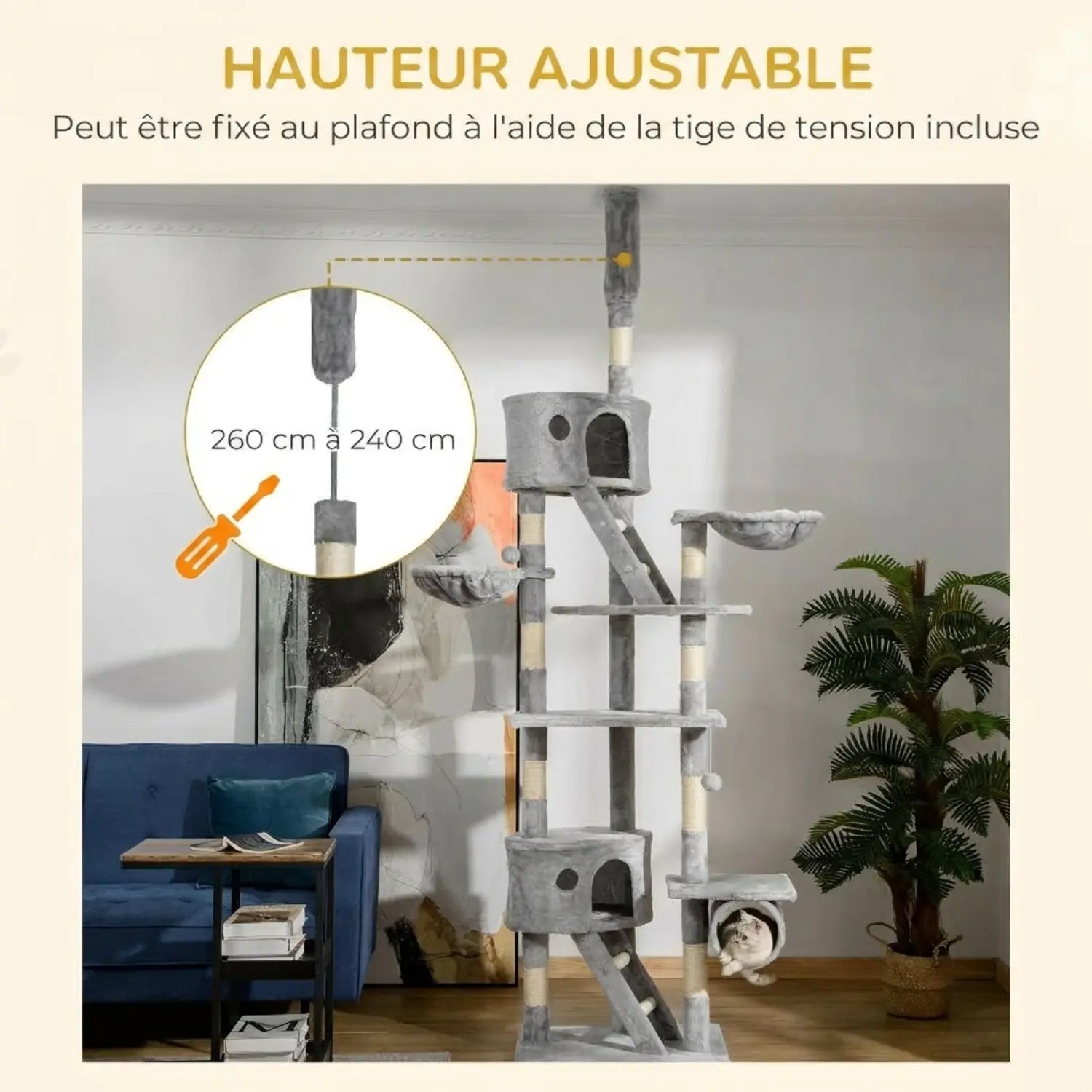 Le Palais Vertical – Arbre à chat sol-plafond XXL avec 2 niches et 2 paniers (240 à 260 cm)