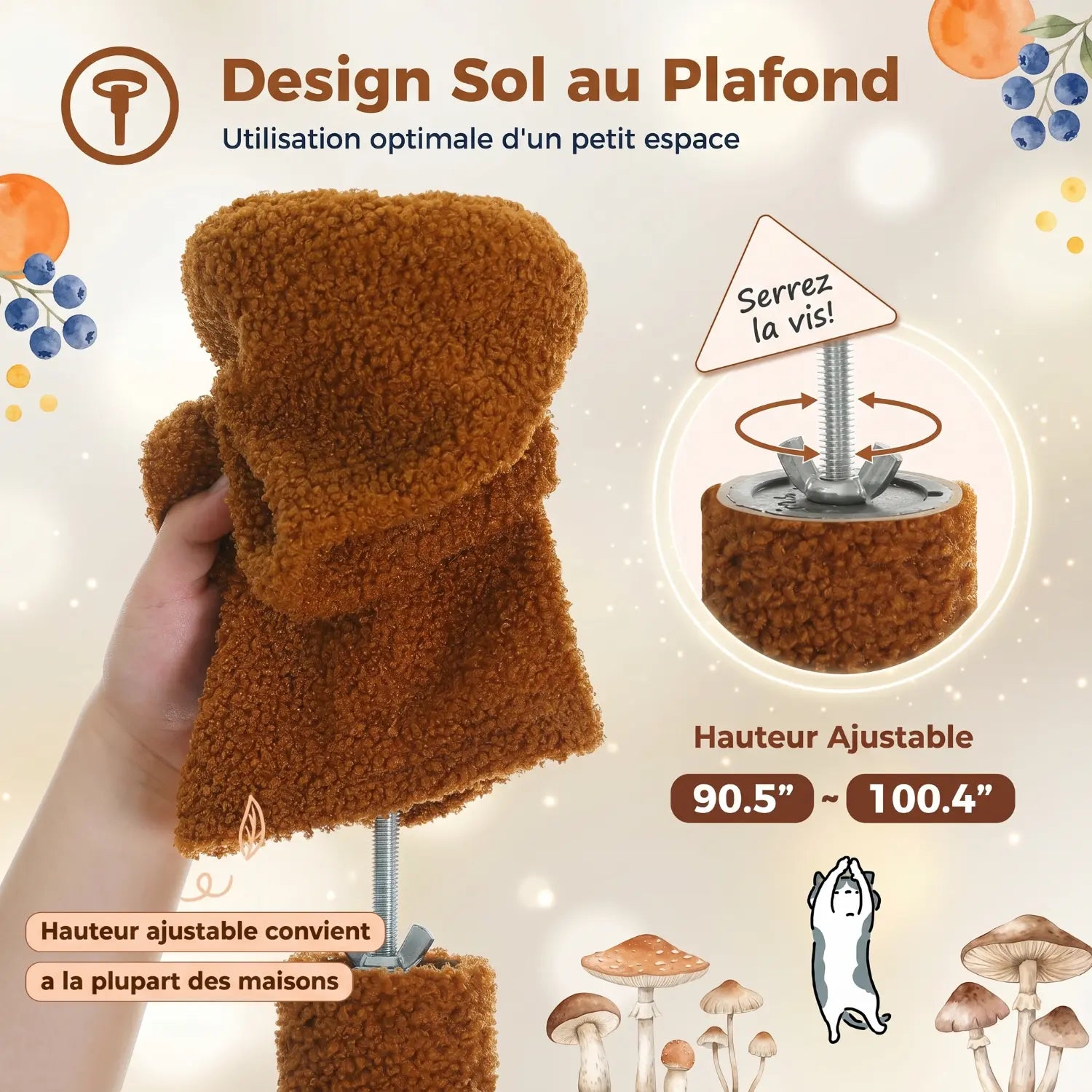 L'Oasis Verticale – Arbre à chat sol-plafond cactus avec hamac et niche (230 à 255 cm)
