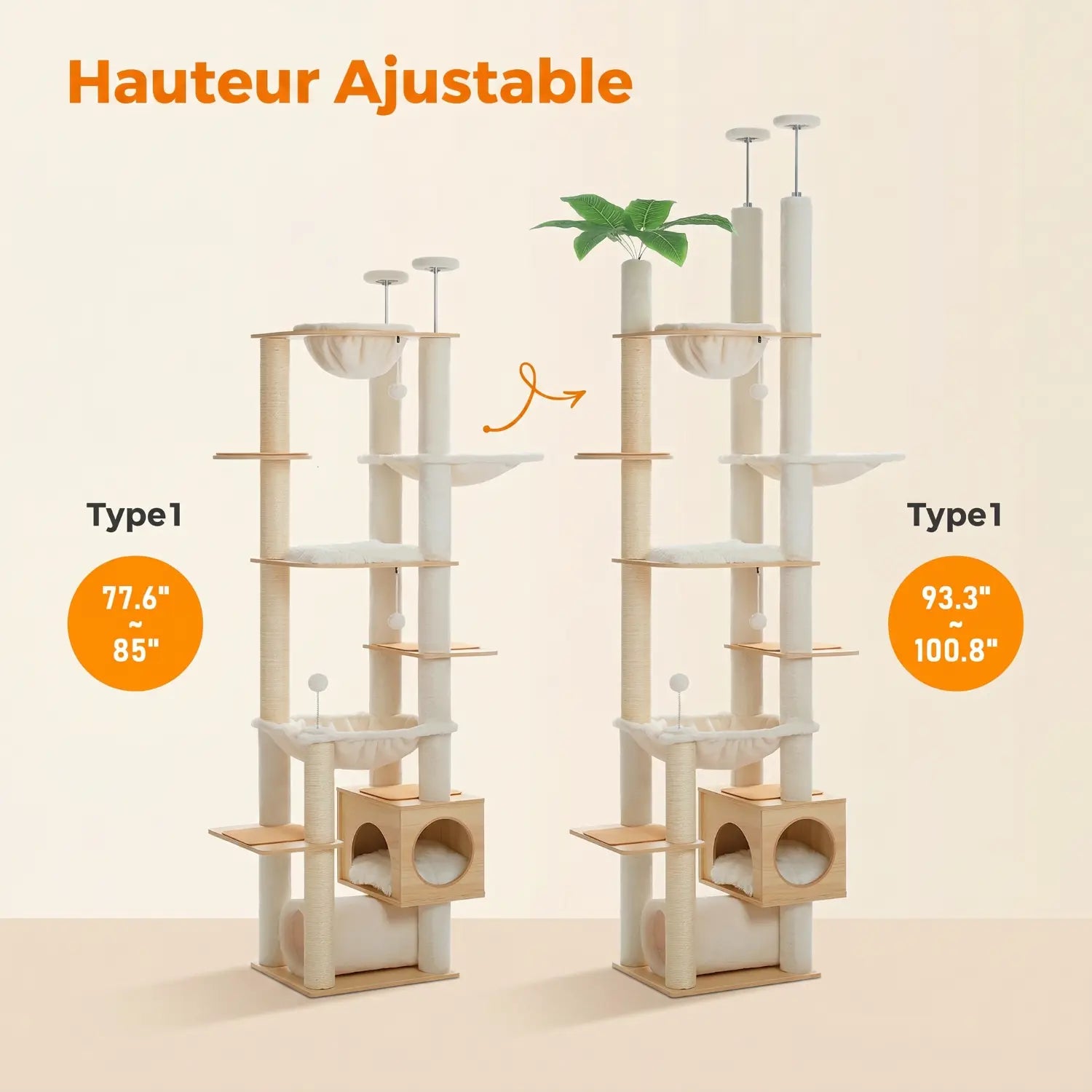 L'Horizon Félin – Arbre à chat sol-plafond XXL avec double hamac (237 à 256 cm)