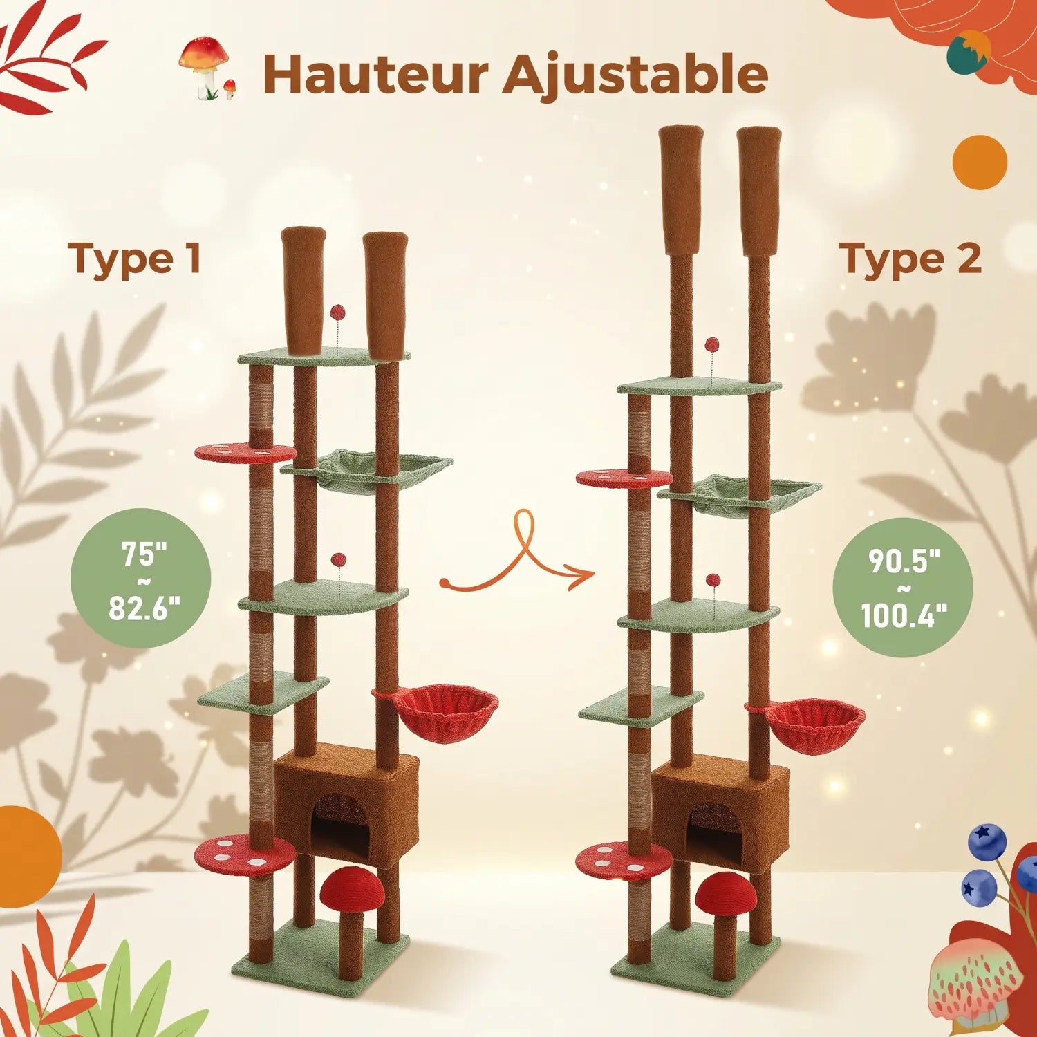 L'Oasis Verticale – Arbre à chat sol-plafond cactus avec hamac et niche (230 à 255 cm)