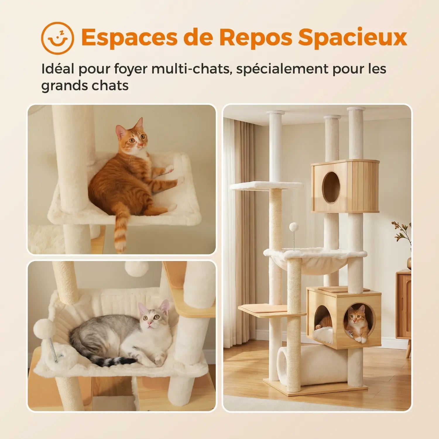 L'Horizon Félin – Arbre à chat sol-plafond XXL avec double hamac (237 à 256 cm)