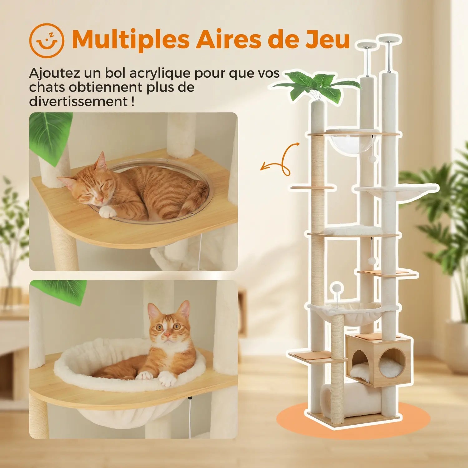 L'Horizon Félin – Arbre à chat sol-plafond XXL avec double hamac (237 à 256 cm)