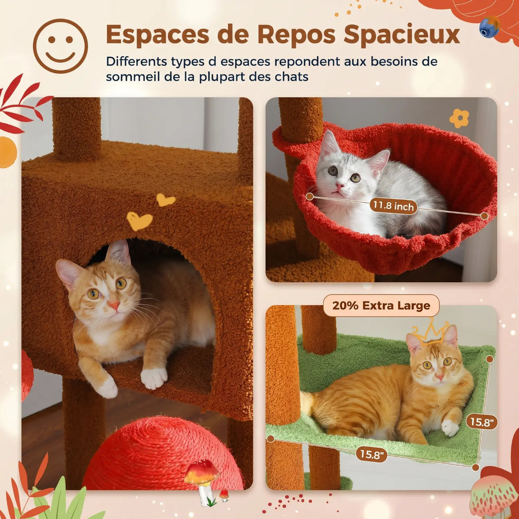 L'Oasis Verticale – Arbre à chat sol-plafond cactus avec hamac et niche (230 à 255 cm)