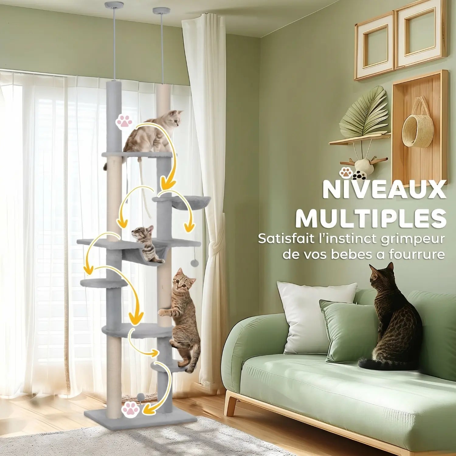 La Voie Lactée – Arbre à chat sol-plafond avec hamac suspendu (225 à 255 cm)