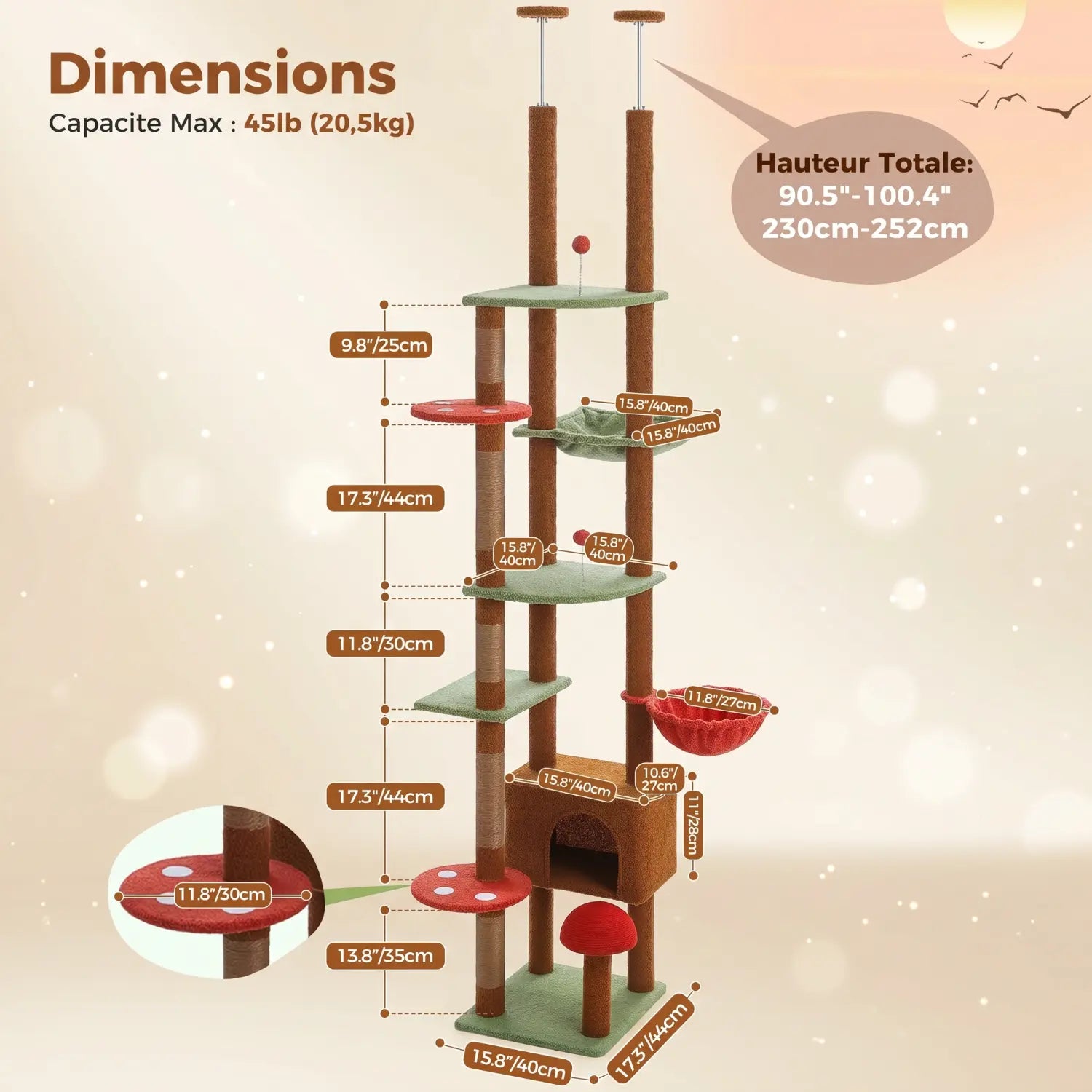 L'Oasis Verticale – Arbre à chat sol-plafond cactus avec hamac et niche (230 à 255 cm)