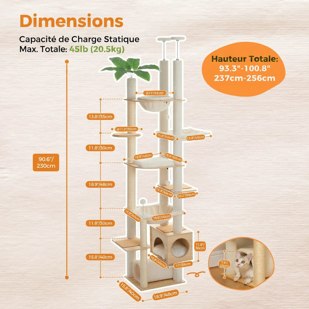 L'Horizon Félin – Arbre à chat sol-plafond XXL avec double hamac (237 à 256 cm)