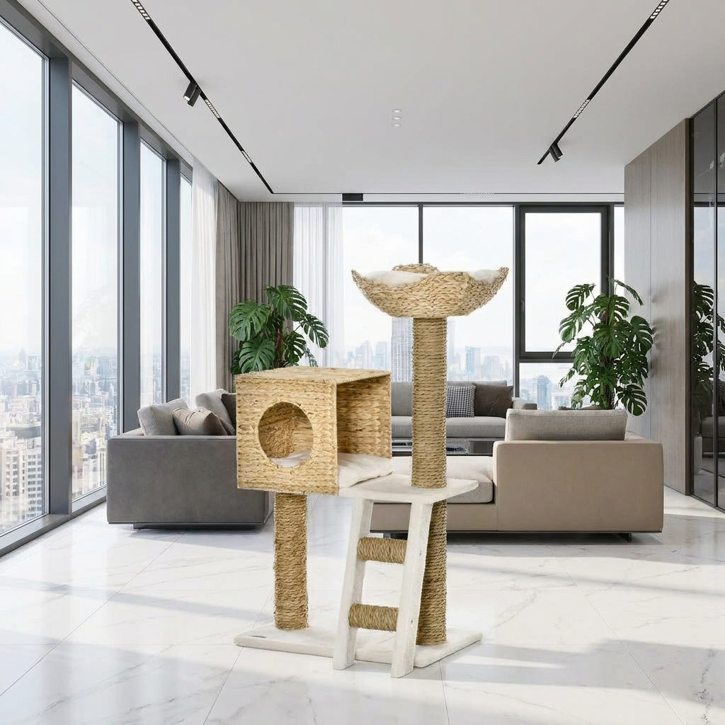 Le Prisme – Arbre à Chat Architectural en Bois & Tissu Bouclé (101 cm)