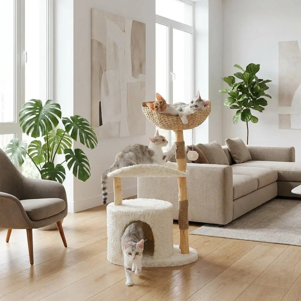 Le Nuage – Arbre à Chat Design en Bois Naturel & Rotin Tressé