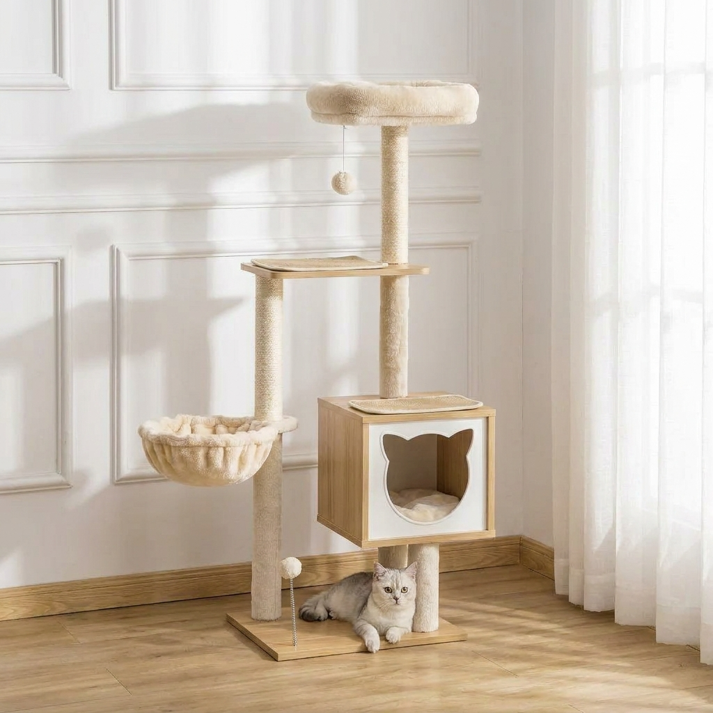 Le Prisme Élevé – Arbre à Chat Architectural en Bois & Textile Bouclé (126 cm)