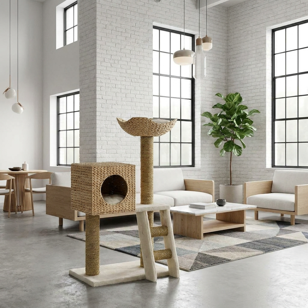 Le Prisme – Arbre à Chat Architectural en Bois & Tissu Bouclé (101 cm)