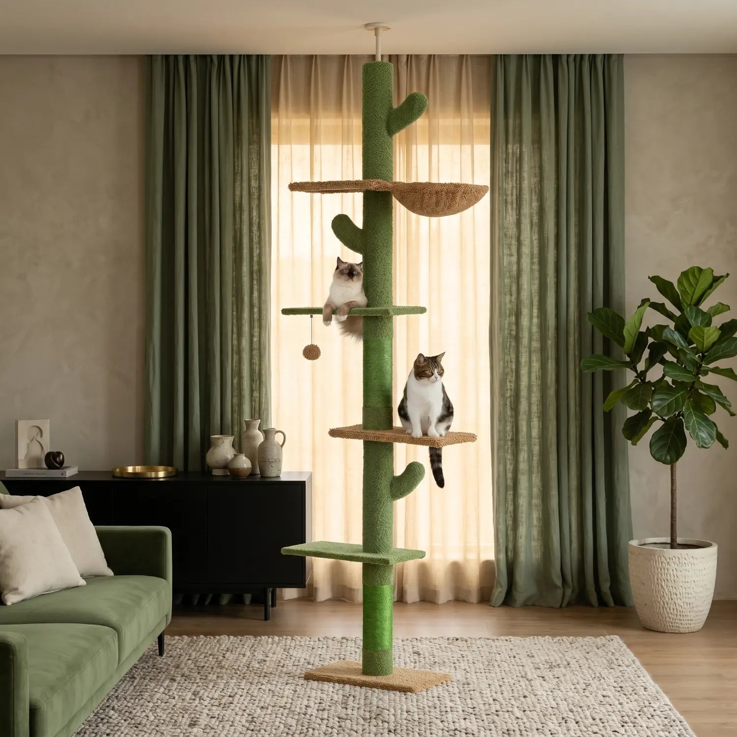 Le Jardin Suspendu – Arbre à chat sol-plafond cactus avec hamac et niche (210 à 275 cm)