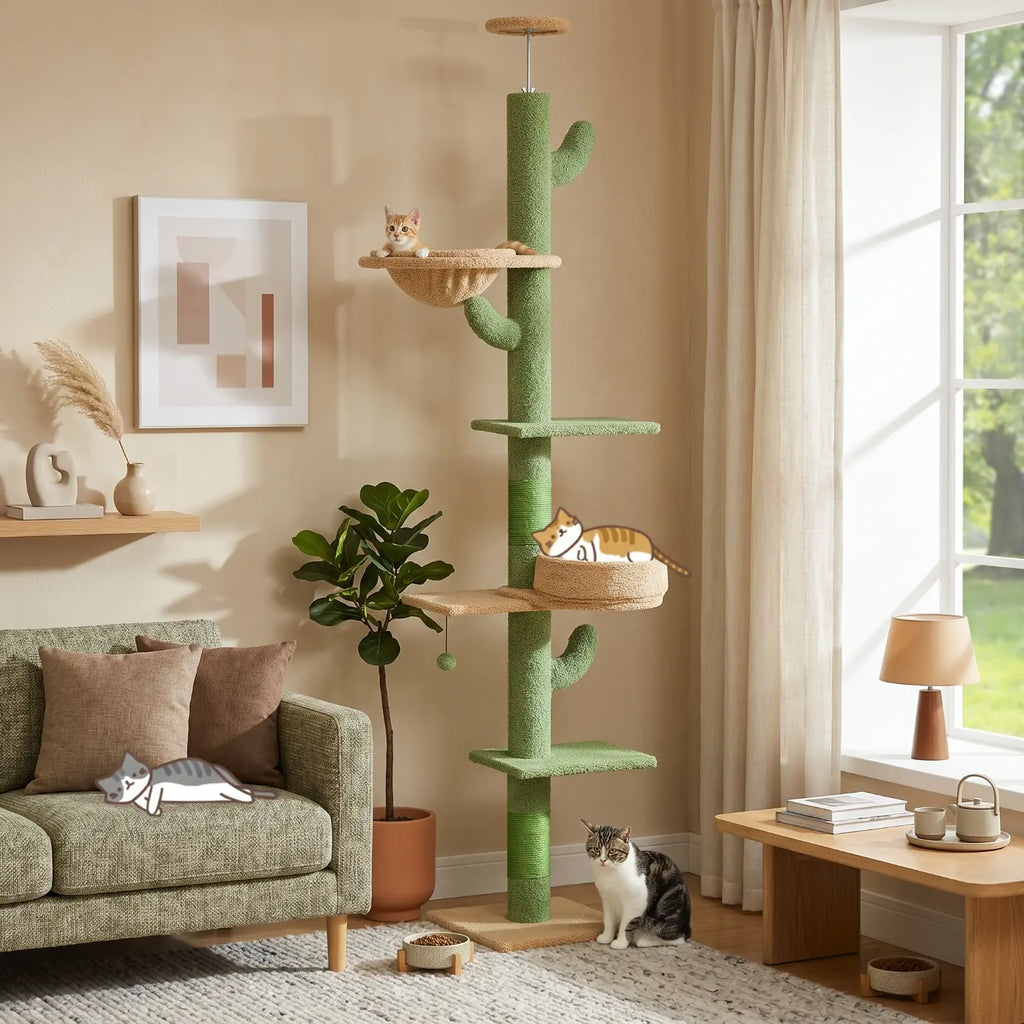 Le Jardin Suspendu – Arbre à chat sol-plafond cactus avec hamac et niche (210 à 275 cm)