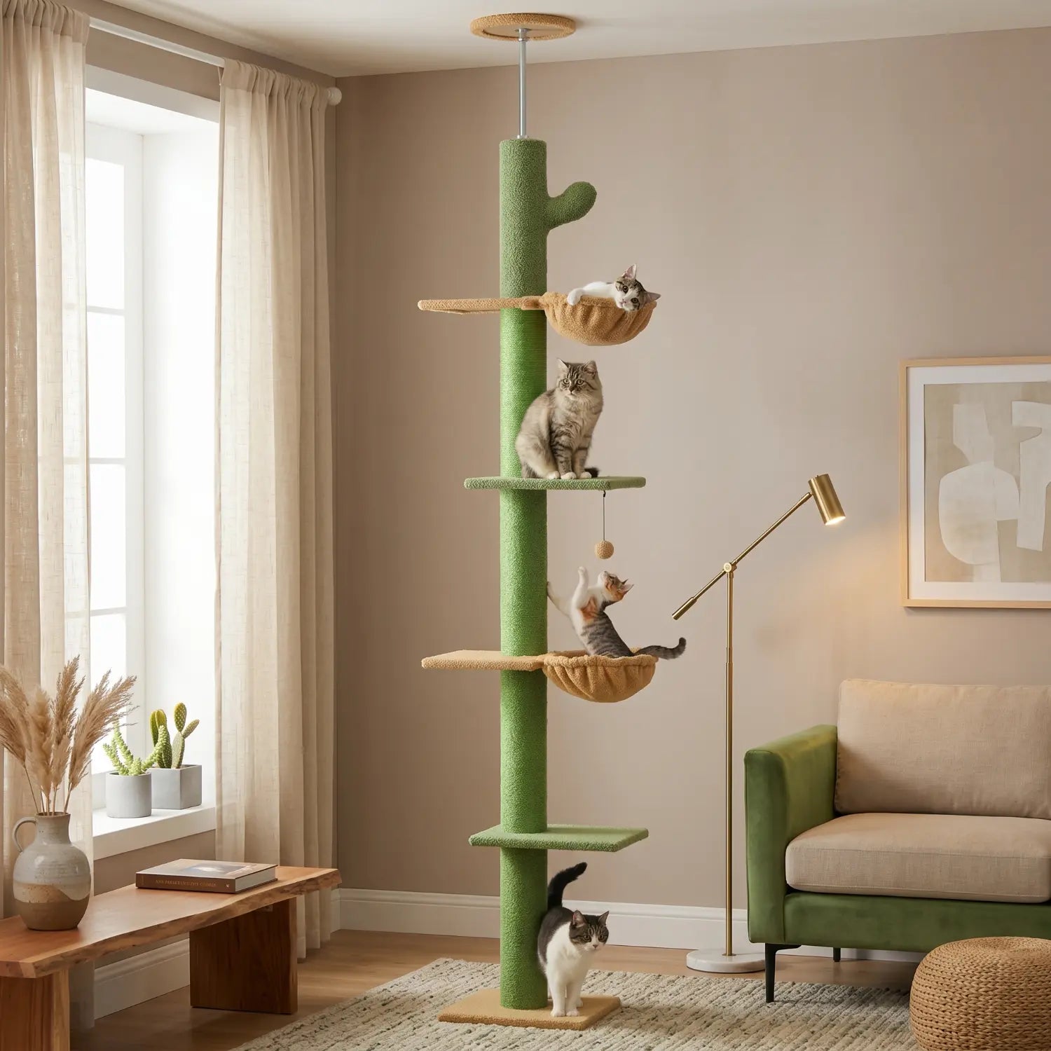 Le Jardin Suspendu – Arbre à chat sol-plafond cactus avec hamac et niche (210 à 275 cm)