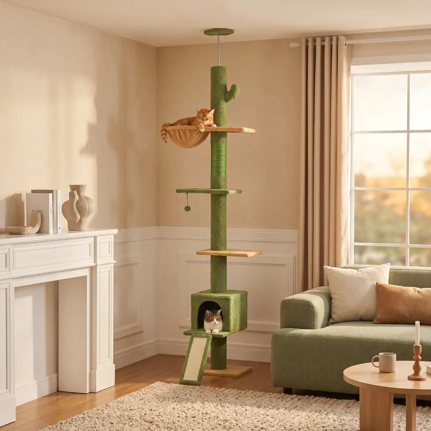 Le Jardin Suspendu – Arbre à chat sol-plafond cactus avec hamac et niche (210 à 275 cm)