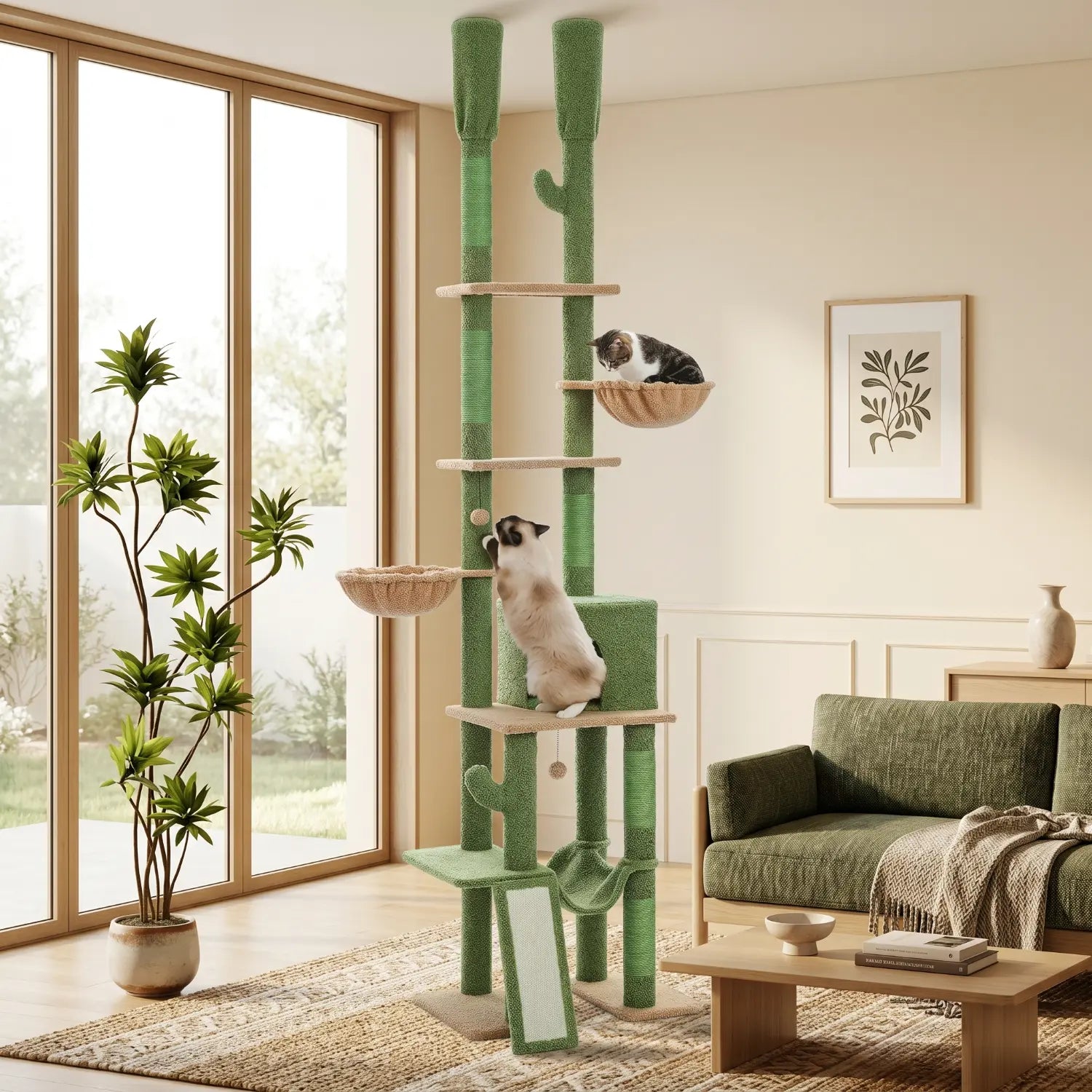 Le Jardin Suspendu – Arbre à chat sol-plafond cactus avec hamac et niche (210 à 275 cm)