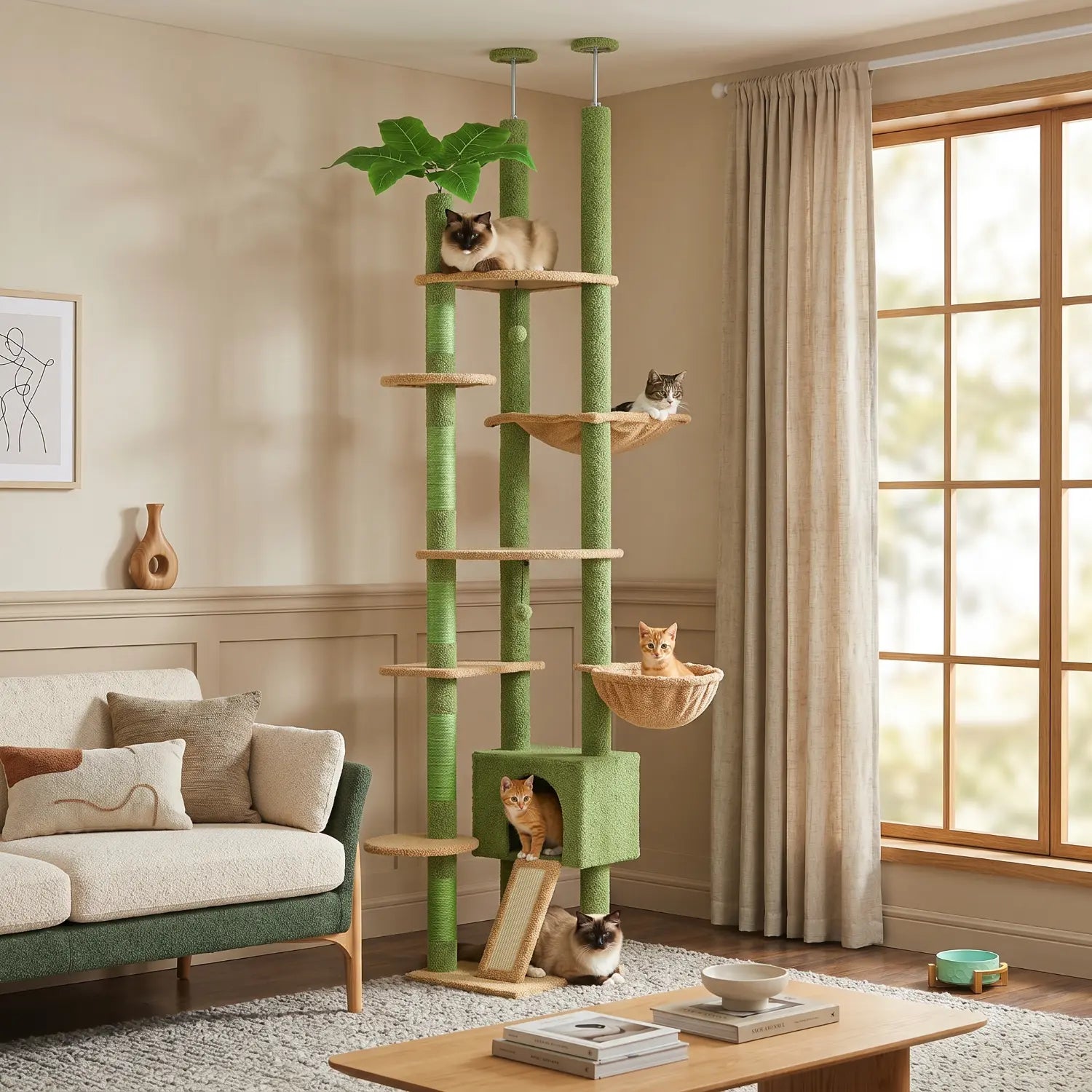 Le Jardin Suspendu – Arbre à chat sol-plafond cactus avec hamac et niche (210 à 275 cm)