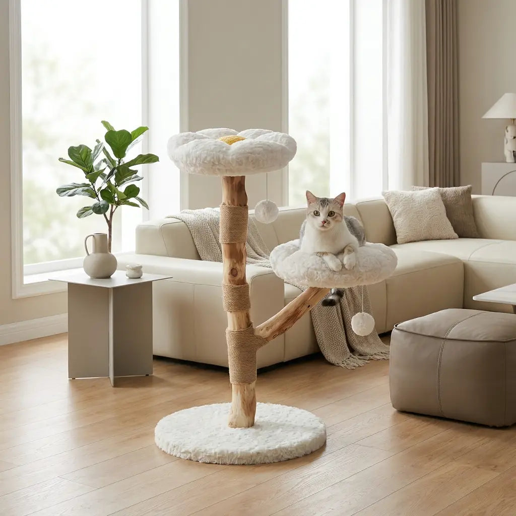 Le Nuage – Arbre à Chat Design en Bois Naturel & Rotin Tressé