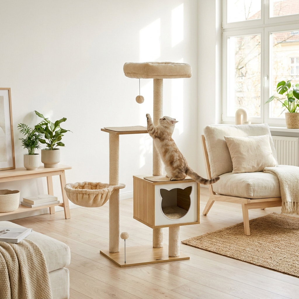Le Prisme Élevé – Arbre à Chat Architectural en Bois & Textile Bouclé (126 cm)